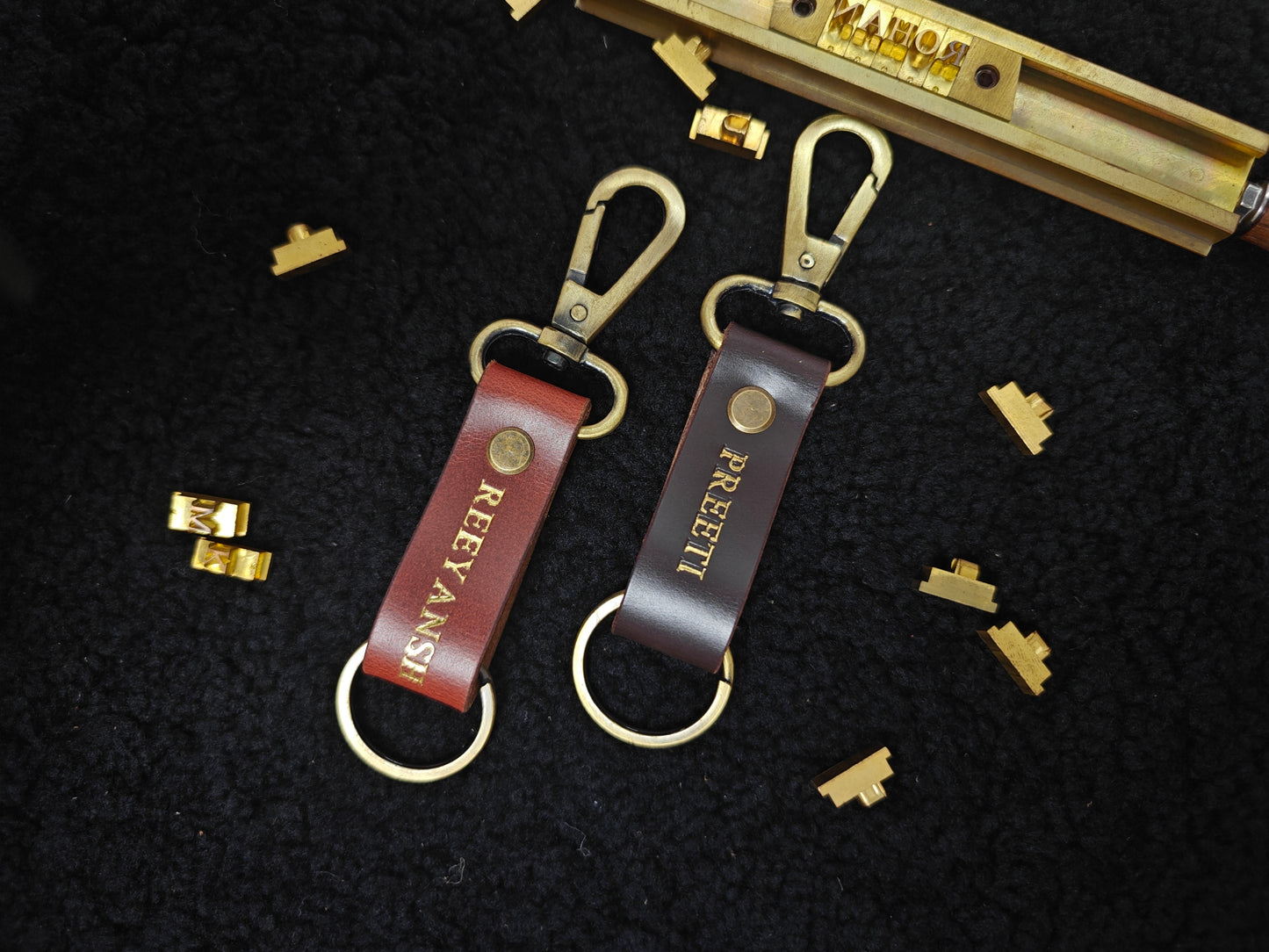 Hand Crafted Personalized Leather Key Chain Gold Foil Embossing (Set of 2)